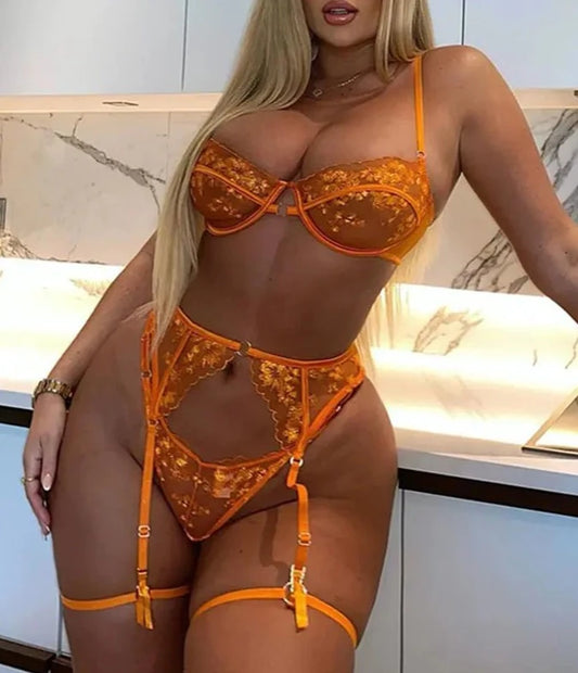 Orange Lace Embroidery Lingerie Set