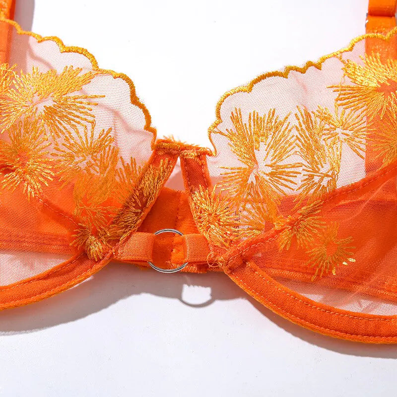 Orange Lace Embroidery Lingerie Set