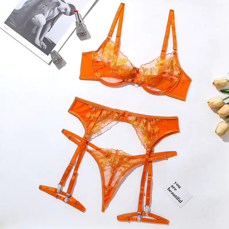 Orange Lace Embroidery Lingerie Set